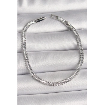 Pirinç Gümüş Renk Zirkon Taşlı Su Yolu Model Kadın Bileklik