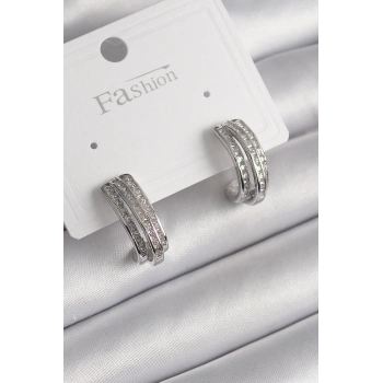 Pirinç Gümüş Renk Zirkon Taşlı Yarım Halka Model Kadın Küpe