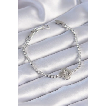 Pirinç Gümüş Renk Zirkon Taşlı Yonca Model Kadın Bileklik