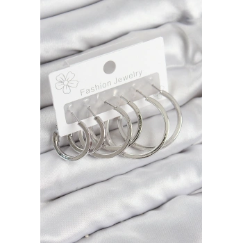 Pirinç Halka Model Gümüş Renk Kadın Set Küpe