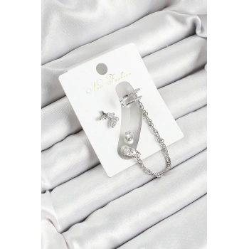 Pirinç Kelebek Figürlü Zirkon Taşlı Gümüş Renk 3lü Kıkırdak Kadın Küpe Set