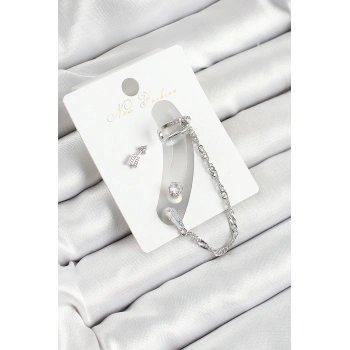 Pirinç Ok Figürlü Zirkon Taşlı Gümüş Renk 3lü Kıkırdak Kadın Küpe Set