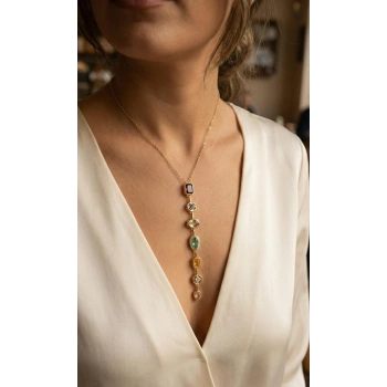 Pirinç Renkli Zirkon Taşlı Model Gold Renk 7 Element Kadın Y Kolye