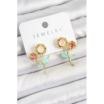 Pirinç Renkli Zirkon Taşlı Papatya Model Gold Renk Kadın Küpe