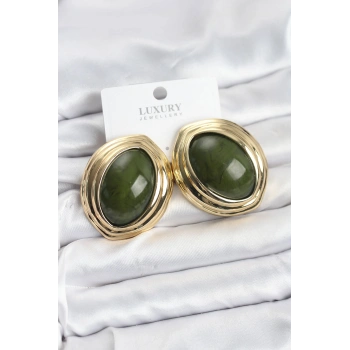 Pirinç Yeşil Badem Model Vintage Gold Kadın Küpe