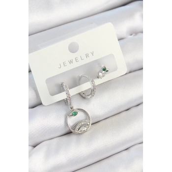 Pirinç Zirkon Taşlı Göz Ve Baykuş Model Gümüş Renk 3lü Çift Kadın Küpe Set