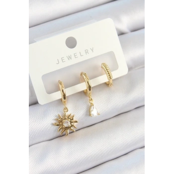 Pirinç Zirkon Taşlı Güneş Model Gold Renk 3lü Çift Kadın Küpe Set