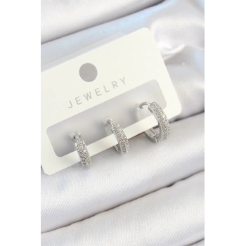 Pirinç Zirkon Taşlı Halka Model Gümüş Renk 3lü Çift Kadın Küpe Set