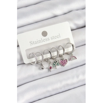 Pirinç Zirkon Taşlı Karpuz Yonca Kalp Pusula Karışık Model Gümüş Renk 6lı Set Kadın Küpe