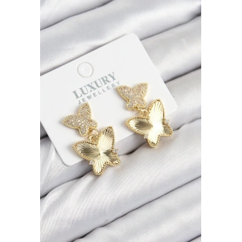 Pirinç Zirkon Taşlı Kelebek Model Gold Renk Kadın Küpe