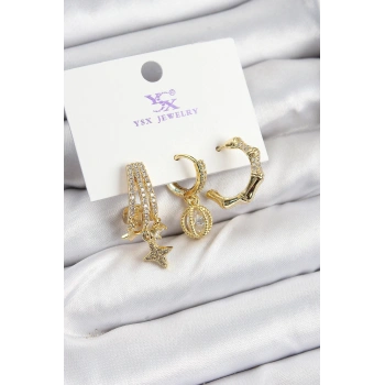 Pirinç Zİrkon Taşlı Sallantılı Yıldız Model Gold Renk 3lü Kadın Küpe