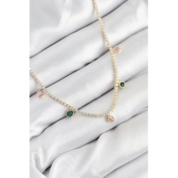 Pirinç Zirkon Taşlı Su Yolu Damla Model Gold Renk Kadın Kolye