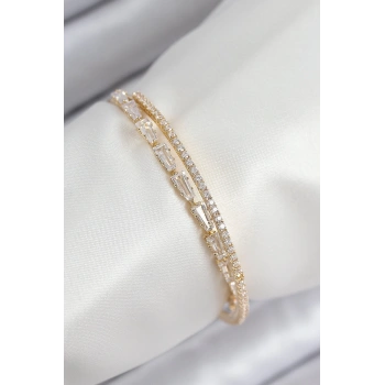 Pirinç Zirkon Taşlı Su Yolu Model Gold Renk Kadın Bileklik