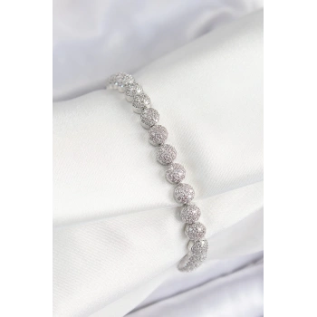 Pirinç Zirkon Taşlı Yarım Topcuk Model Gümüş Renk VIP Seri Kadın Bileklik