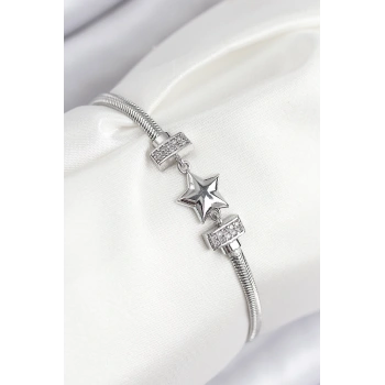 Pirinç Zirkon Taşlı Yonca Model Gümüş Renk Kadın Bileklik