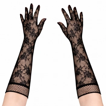 Siyah Uzun Gül Desenli Dantel Kadın Eldiveni