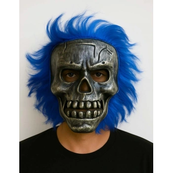 Wild Skull - Gümüş Kafatası Mavi Saçlı İskelet Maske
