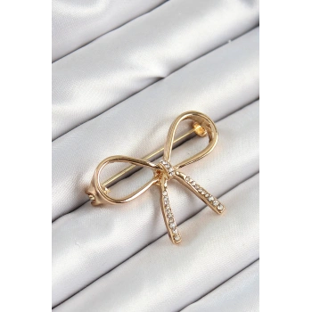 Zirkon Taş Detaylı 3D Fiyonk Figürlü Gold Renk Kadın Broş