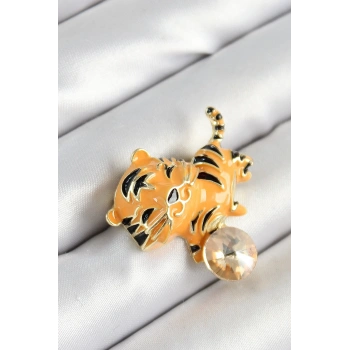 Zirkon Taşlı Siyah Çizgili Turuncu Kaplan Figürlü Gold Renk Kadın Broş