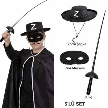 Zorro Kostüm Seti 3’lü Çocuk – Şapka, Maske Ve Kılıç