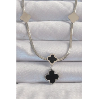 316L Çelik Gümüş Renk İtalyan Zincirli Mineli Yonca Kolye