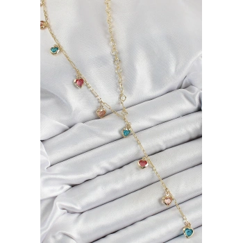 Pirinç Asorti Kalp Model Gold Renk Zirkon Taşlı Y Kolye