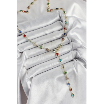 Pirinç Gold Renk Karışık Renk Zirkon Taşlı Kalpli Y Kadın Kolye