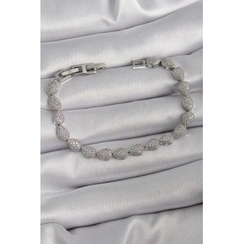 Pirinç Gümüş Renk Zirkon Taşlı Damla Model VIP Seri Kadın Bileklik