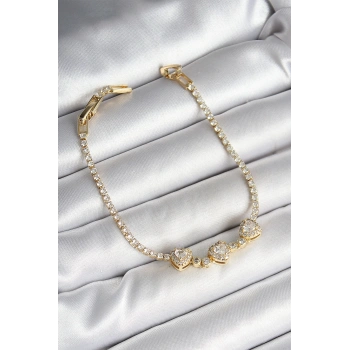 Pirinç Sıralı Kalp Figürlü Zirkon Taşlı Gold Renk Kadın Bileklik