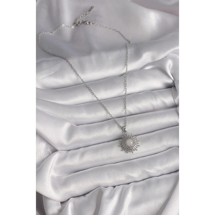 316L Çelik Gümüş Renk Zincir Beyaz Mineli Güneş Model Kadın Kolye