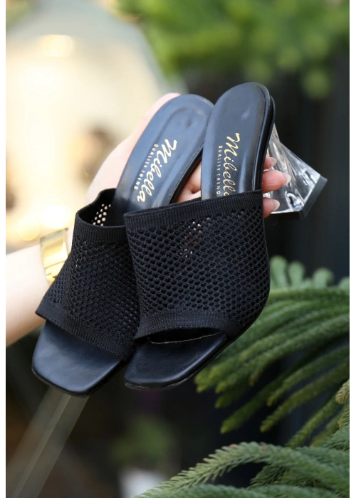 Akva Siyah Triko Şeffaf Topuklu Terlik