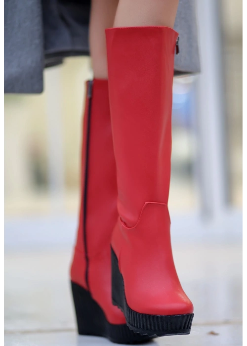 Atiya Kırmızı Cilt Dolgu Topuk Çizme