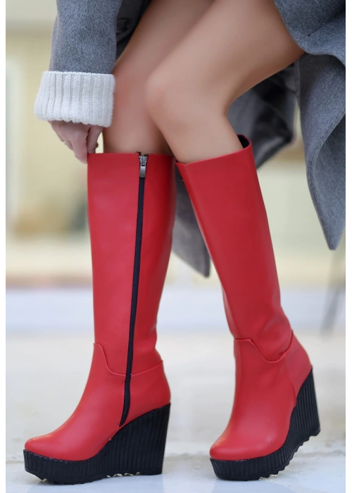 Atiya Kırmızı Cilt Dolgu Topuk Çizme