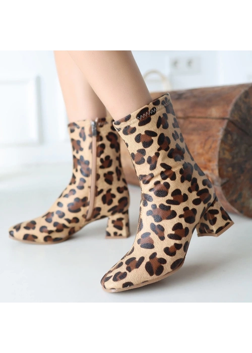 Birta Leopar Cilt Streç Topuklu Bot