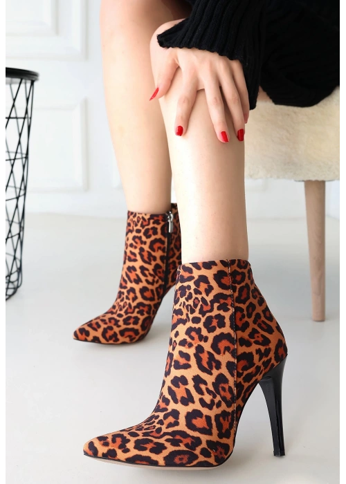 Blan Leopar Saten Topuklu Bot