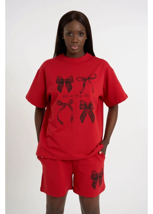 Bow Print Oversize Shorts Set | Red
