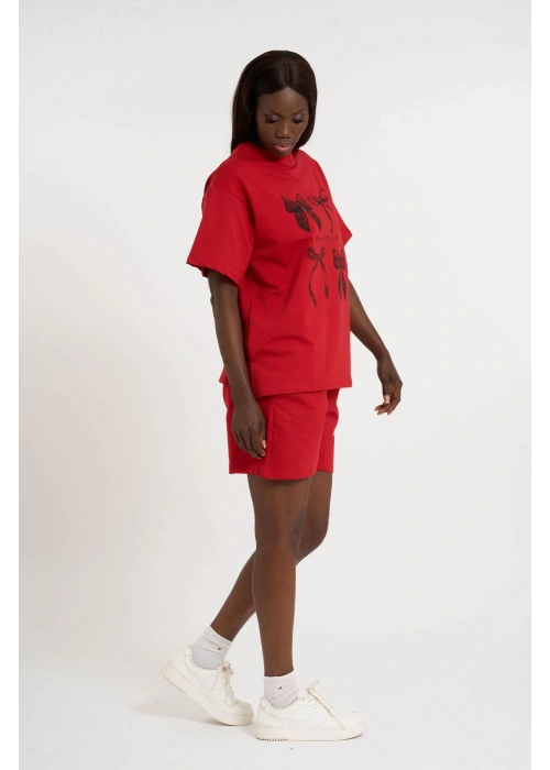 Bow Print Oversize Shorts Set | Red