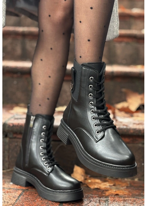 Ceprin Siyah Cilt Bağcıklı Bot