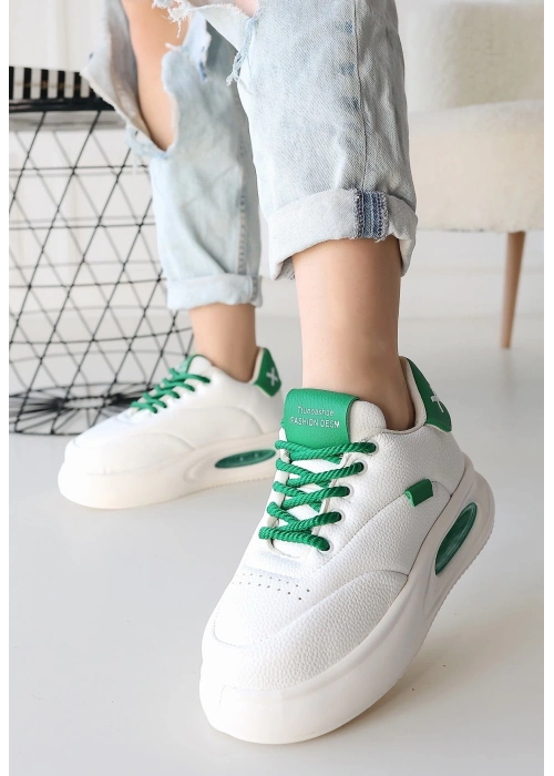 Chris Beyaz Cilt Yeşil Detaylı Bağcıklı Spor Ayakkabı