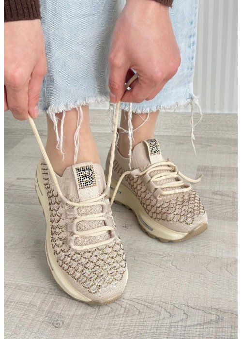 Cilla Bej Triko Boncuk İşlemeli Spor Ayakkabı