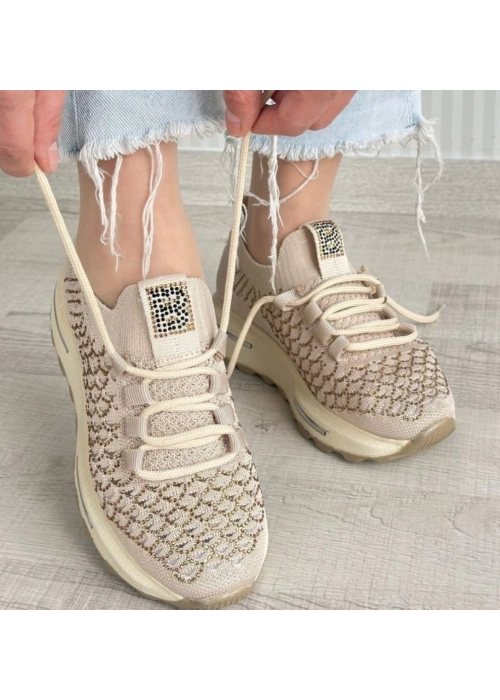 Cilla Bej Triko Boncuk İşlemeli Spor Ayakkabı