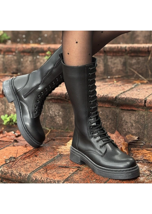 Dorin Siyah Cilt Bağcıklı Çizme