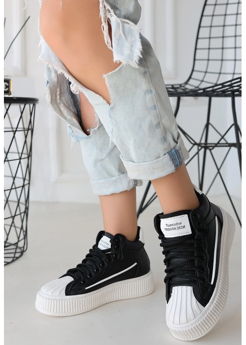 Estim Siyah Cilt Bağcıklı Spor Ayakkabı