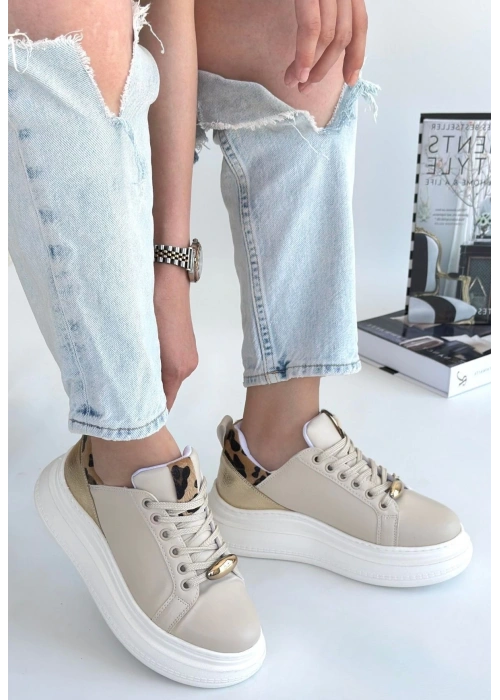 Gasta Bej Cilt Sarı Detaylı Bağcıklı Spor Ayakkabı