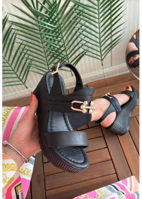 Gitay Siyah Cilt Dolgu Topuk Sandalet