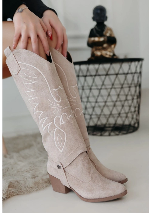 Jilla Bej Süet Tak Çıkar Topuklu Bot Ve Çizme