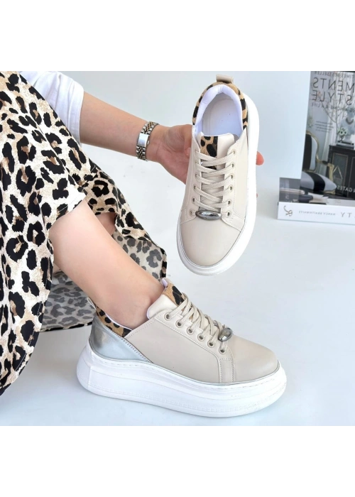 Jista Bej Cilt Gümüş Detaylı Bağcıklı Spor Ayakkabı