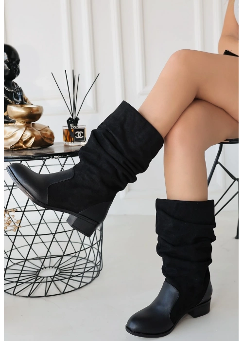 Jolin Siyah Cilt Süet Detaylı Çizme