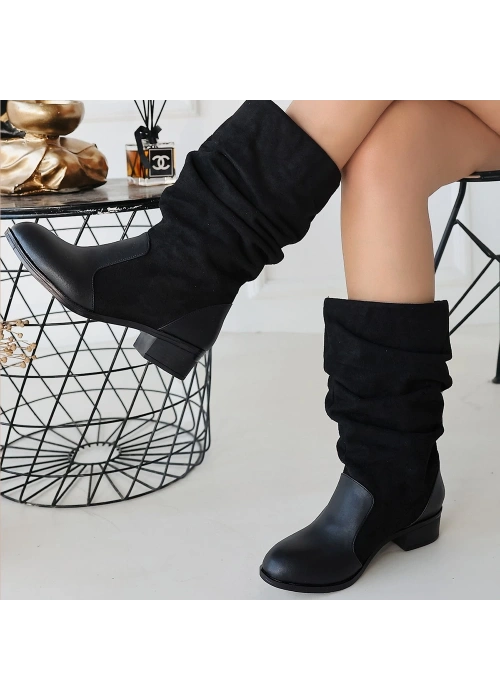 Jolin Siyah Cilt Süet Detaylı Çizme