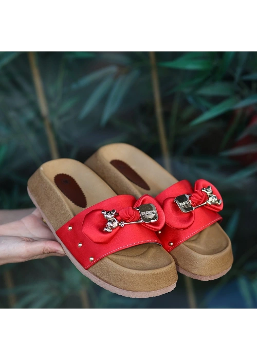 Jude Kırmızı Saten Ayıcıklı Terlik